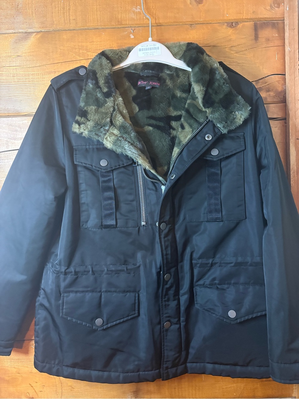 Betsey Johnson Black Bomber camo fur lined Jacket size medium